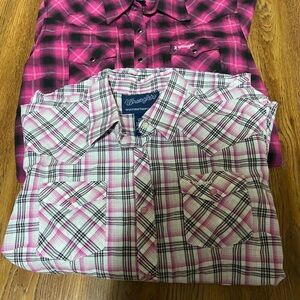 Wrangler Women's Pink and Black Plaid Button Down Shirt